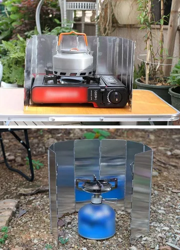 Miniatura 5 de Parabrisas plegable para estufa al aire libre con bolsa de transporte, 14 placas de aluminio para estufa de campamento, parabrisas ligero