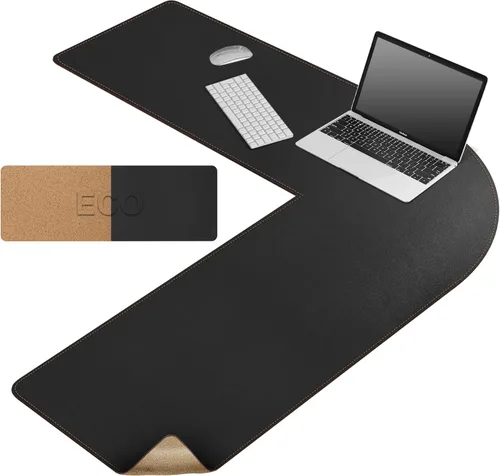 Miniatura 12 de MAIDERN Tapete de escritorio esquinero en forma de L (40 + 40 pulgadas) x 13 pulgadas, corcho y cuero, tapete de escritorio de doble cara para Negro