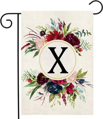 Miniatura 28 de Banderas de jardín con monograma de letra P, bandera de jardín de verano de 12 x 18 pulgadas, banderas florales de doble cara para patio, bandera