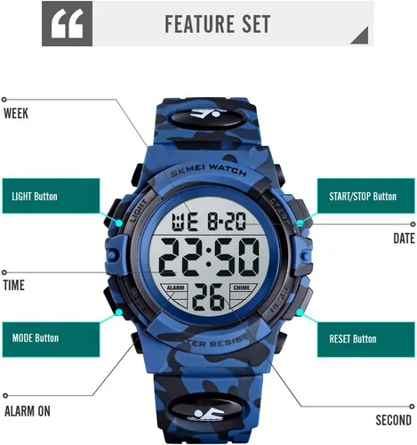 Miniatura 4 de FIZILI Reloj digital deportivo impermeable para niños, reloj despertador de 1224 H, cronómetro, calendario de 3 a 15 años, reloj de pulsera