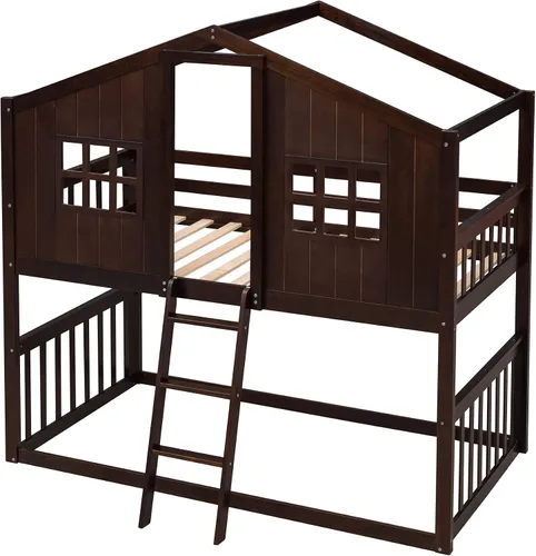 Miniatura 4 de JIVOIT Litera de casa, litera de tamaño individual sobre individual con escalera, litera de madera con barandillas en forma de techo, ventana