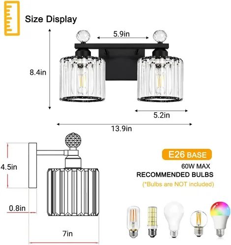 Miniatura 6 de Lxybcce Moderna lámpara de tocador de baño de cristal, 14 pulgadas, 2 luces, accesorios de luz negra sobre el espejo, fácil instalación e