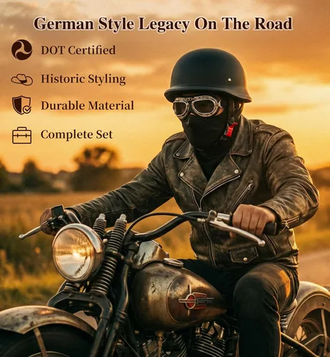 Miniatura 2 de Casco de motocicleta de estilo alemán aprobado por DOT con gafas y máscara, medio casco retro con hebilla de liberación rápida para motocicleta