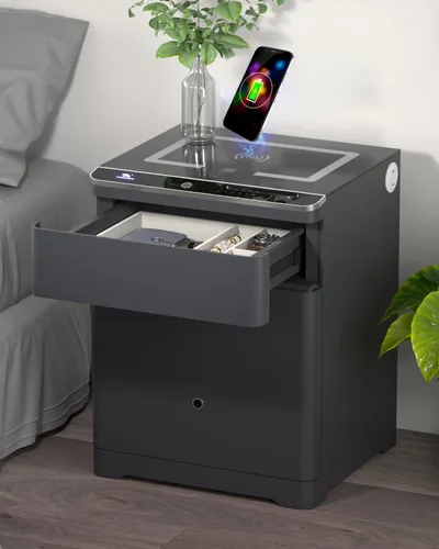 Miniatura 10 de TIGERKING Caja fuerte biométrica 3 en 1, caja fuerte inteligente para el hogar con estación de carga, cajón de armas, iluminación ajustable segura