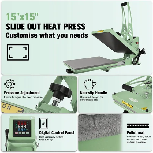 Miniatura 4 de CoolSub Prensa de calor 15x15 con deslizamiento, máquina de transferencia de calor digital industrial para sublimación de camisetas verde Nuevo