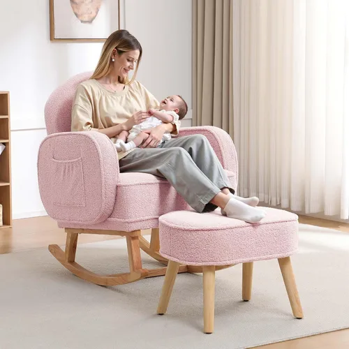 Miniatura 14 de HCHAIRH Mecedora para guardería con otomana, mecedora tapizada con respaldo alto y bolsillo lateral, sillón con patas de madera maciza para Gris