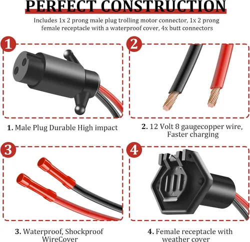 Miniatura 3 de Enchufe de motor de arrastre, enchufe impermeable de 12V-24V de conexión rápida para barco, conector de motor de arrastre de calibre 8 de 2 cables