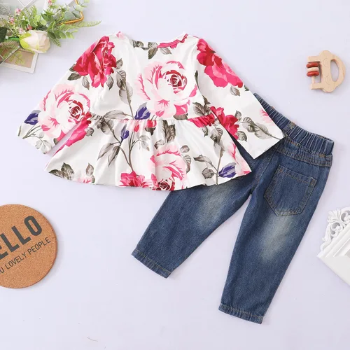 Miniatura 3 de XUANHAO Ropa de bebé niña de 12, 18 y 24 meses, trajes para niñas pequeñas, ropa de mezclilla con volantes, pantalones de mezclilla rasgados
