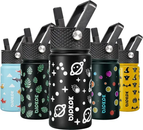 Miniatura 53 de BJPKPK Botella de agua aislada con tapa con pajilla, bonitas botellas de agua de 15 onzas, termo de metal de acero inoxidable, vasos reutilizables