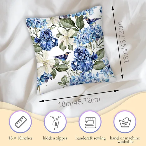 Miniatura 3 de Juego de 2 fundas de almohada de 18 x 18 pulgadas con diseño de acuarela de hortensias de pájaro, fundas de almohada decorativas de doble cara