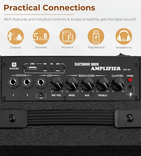 Miniatura 3 de Vangoa Amplificador de Batería Eléctrica 40W Profesional, Altavoz, 3 Entradas, Ecualizador de 3 Bandas Inalámbrico para Monitor de Batería