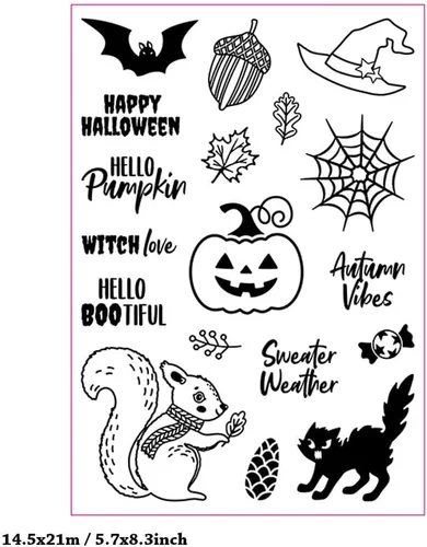 Miniatura 2 de Sellos transparentes de calabaza de Halloween para hacer tarjetas o diarios, frases de Halloween, ardilla, nueces, gatos, murciélagos, sellos