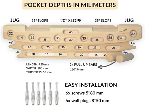 Miniatura 2 de FingerPeg 1.0 Hangboard – Tabla de entrenamiento de fingerboard para escalada con barras de dominadas – Elegante tabla de escalada de madera