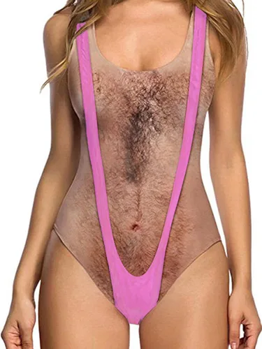 Miniatura 49 de uideazone Traje de baño divertido de las mujeres del pecho del cuerpo peludo impreso hippie trajes de baño traje de baño de una pieza Monokini