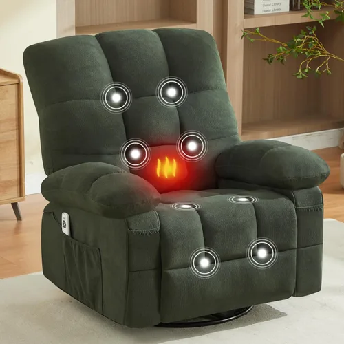 Miniatura 11 de Grey 360° Massage Swivel Recliner Chair with Vibration Massage and Lumbar Heating for Adults, Oversized Rocking Recliner Chair with Side Pocket and