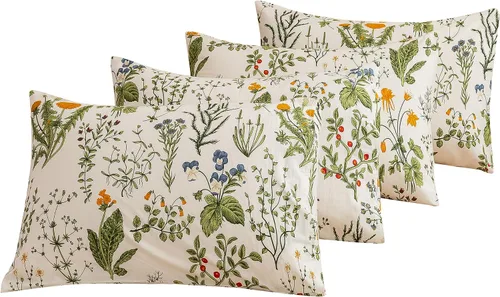 Miniatura 30 de ECOCOTT Floral Pillowcases Standard Size Set of 2, 100% Washed Cotton Pillow Cases with Envelope Closure, Beige Botanical Wildflower Printed Pillow
