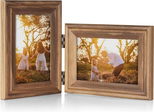Miniatura 35 de Marco de fotos doble de madera con bisagras horizontales de 5 x 7 pulgadas, marco de fotos plegable con frente de cristal real en negro para mesa