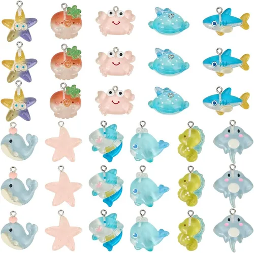 Miniatura 8 de SUNNYCLUE 40 dijes de cola de sirena de resina con parte trasera plana con polvo de purpurina para verano con cola de pez de océano para hacer