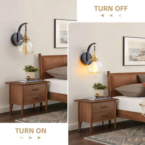 Miniatura 6 de Lámpara de pared de baño de 1 luz, lámpara de pared negra y dorada con pantalla de vidrio transparente, lámpara de pared moderna para interiores