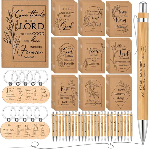 Kisston Juego de 30 cuadernos de regalo religioso cristiano a granel, versículos bíblicos, bolígrafos de bambú y llaveros de madera, regalos de