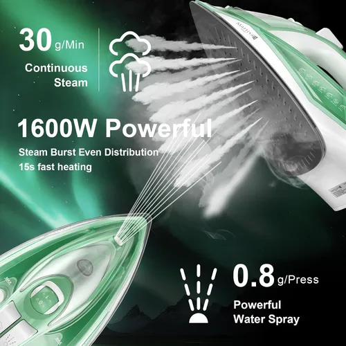Miniatura 4 de Martisan Steam Iron Lite, 1600 W, calentamiento rápido de 15 segundos, suela adicional para reserva de calor, temperatura ajustable precisa, panel