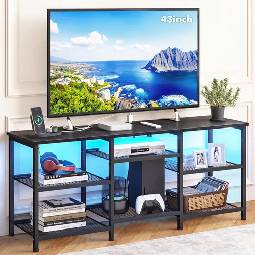 YGEOMER Soporte de TV para televisores de 55 pulgadas, centro de entretenimiento con paneles de estante móviles, toma de corriente y luces LED,