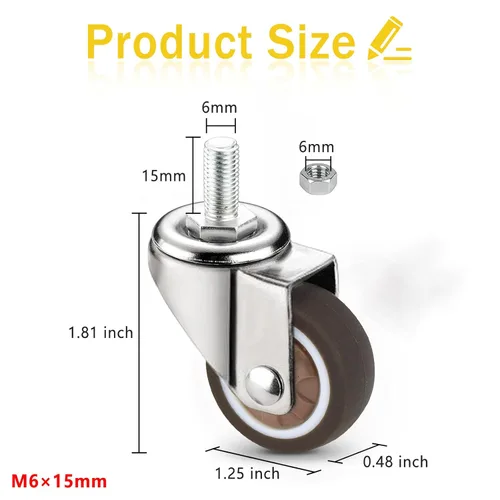 Miniatura 2 de Ruedas de muebles de perfil bajo de 1.25 pulgadas, ruedas de goma giratorias silenciosas con vástago M6x15mm roscadas, capacidad de carga de 150