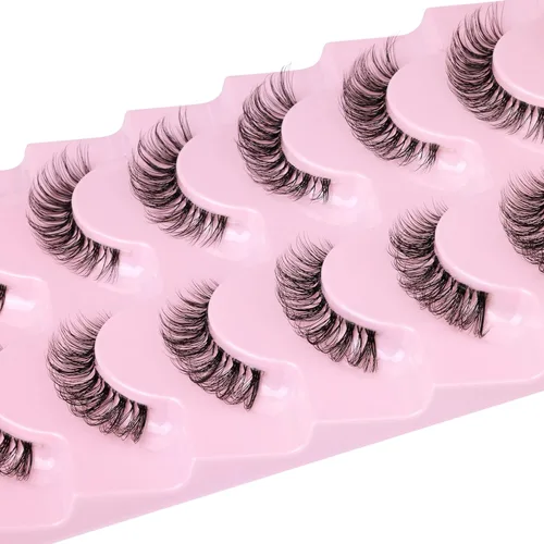 Miniatura 6 de JIMIRE Pestañas de aspecto natural con banda transparente, semi-onduladas, cortas, postizas, esponjosas, 3D, para ojo de gato, pestañas de 13 mm