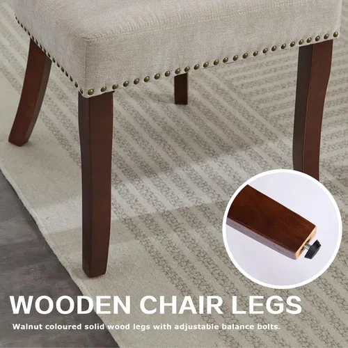 Miniatura 6 de SoarFlash Juego de 2 sillas de comedor modernas de madera, silla tapizada de tela de lino de granja, respaldo curvado con clavos de cobre alrededor