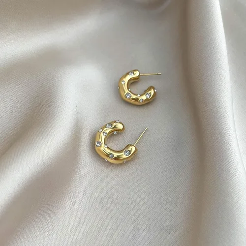 Miniatura 4 de Aretes de aro pequeños y gruesos de oro con diamantes ligeros para mujer