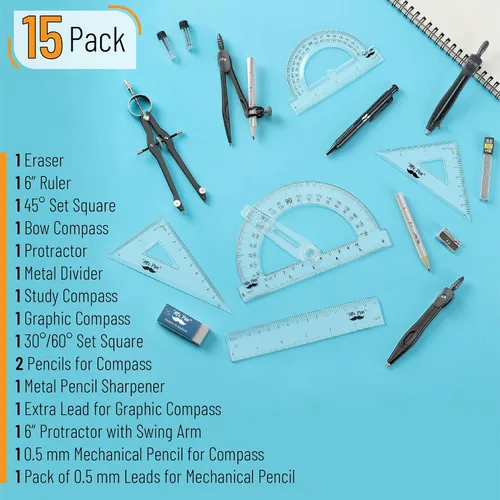 Miniatura 2 de Mr. Pen - Juego de geometría, 15 piezas, negro, transportador de brazo giratorio de 6 pulgadas, compás, escuadras, regla, compases y transportador