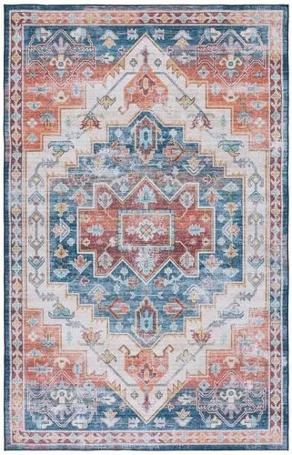 SAFAVIEH Alfombra lavable Tucson Collection - 2 pies 6 pulgadas x 4 pies, azul y al óxido, antideslizante y fácil de limpiar, ideal para sala de