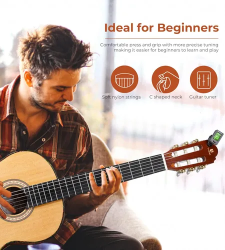 Miniatura 4 de Vangoa Guitarra clásica, cuerdas de nailon de 39 pulgadas, guitarra española para principiantes de tamaño completo con tapa de abeto y respaldo