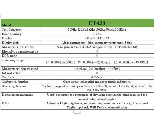 Miniatura 6 de ET430 LCR Medidor 100KHz Digital Inductancia Capacitancia Resistencia Probadores Multímetro Eléctrico con Puntos de Frecuencia Fijos