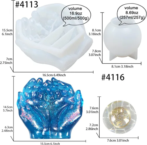 Miniatura 2 de FUNSHOWCASE Manos grandes ahuecadas y bolas de esfera de resina epoxi moldes de silicona, hacer cenicero, plantador, vela, bandeja de baratija