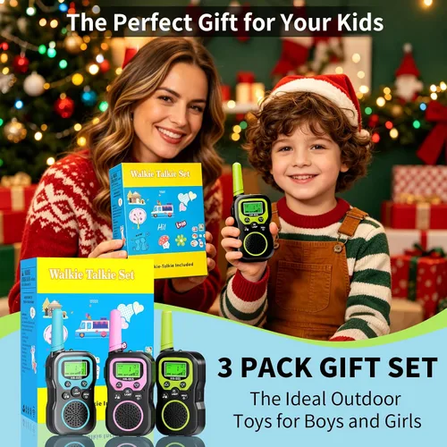 Miniatura 10 de Walkie Talkies recargables para niños, paquete de 3, Walkie Talkies de largo alcance para niños de 22 canales VOX linterna para acampar al aire