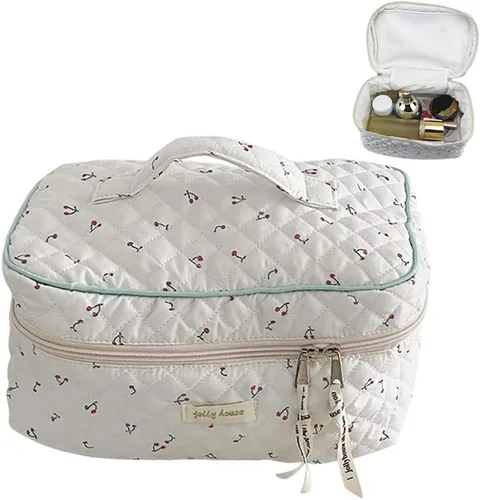 Bonita bolsa de cosméticos kawaii de viaje, de algodón, organizador de maquillaje con asa, bolsa de aseo para mujeres, adolescentes y niñas, Cereza