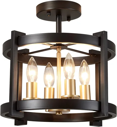 Miniatura 9 de MEIXISUE Lámpara de techo semiempotrada de 4 luces BK+GD Farmhouse Rustic Vintage Antique Lámpara de techo para pasillo, entrada, cenador, cocina