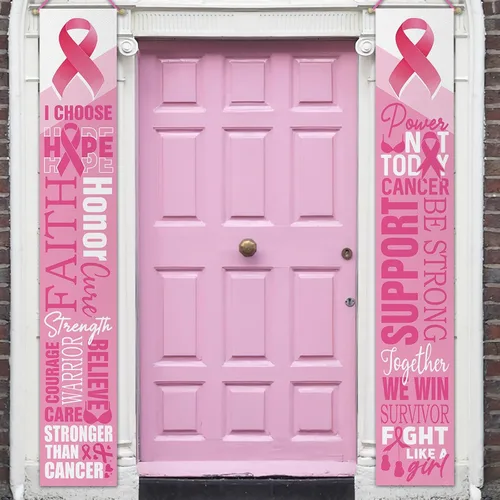 Miniatura 4 de Letrero de cinta rosa para porche de concienciación sobre el cáncer de mama, mensaje inspirador de apoyo de fe y esperanza para puerta delantera