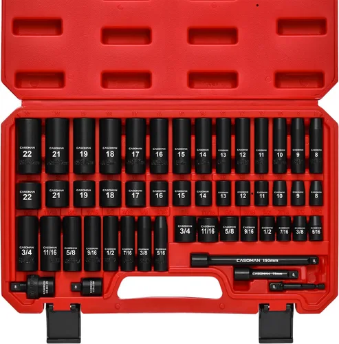 CASOMAN Juego de llaves de impacto de 3/8", 49 piezas, tamaños estándar SAE y métricos (5/16-pulgadas a 3/4-pulgadas y 8-22 mm), 6 puntas, juego de