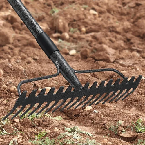 Miniatura 9 de Rastrillo de jardín resistente de 49 pulgadas con mango de acero inoxidable, rastrillo de cabeza de metal para aflojar el suelo, recoger la tierra