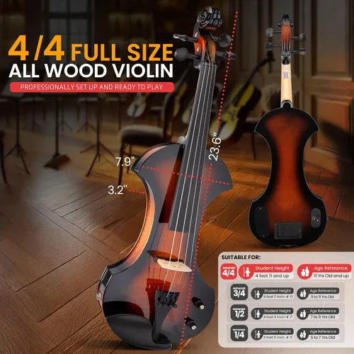 Miniatura 5 de Pyle Violín eléctrico silencioso 4/4 con kit de amplificador, violín de madera maciza con amplificador de 10 W y accesorios completos, instrumento