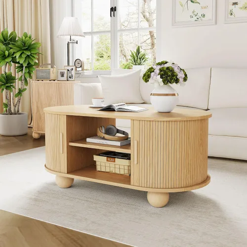 Miniatura 4 de Mesa auxiliar rectangular, mesas de centro acanaladas para sala de estar, mesa de centro de mediados de siglo con almacenamiento y puertas Natural