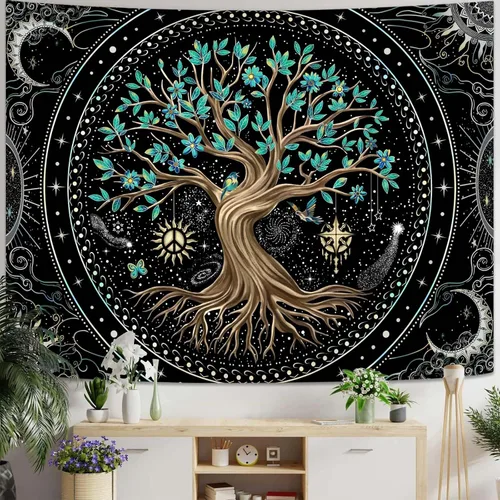 Miniatura 9 de Lunerfex Tapiz de árbol de la vida, tapiz de pared de fase lunar, tapices verdes para dormitorio, techo, tapices para colgar en la pared
