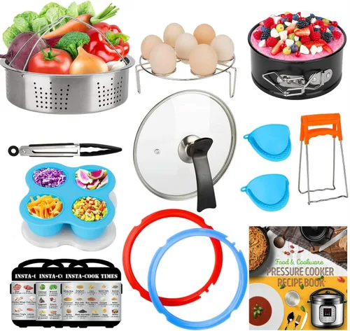 Accesorios de 3 cuartos de galón para olla instantánea, incluyendo barril para hornear pasteles, cesta de vapor, tapa de vidrio templado, anillos de