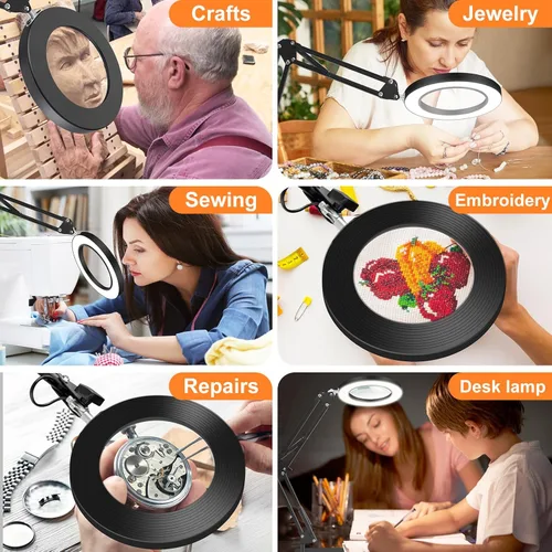 Miniatura 7 de Lupa de 10 veces con luz y soporte, regulador de intensidad ajustable con brazo oscilante 2 en 1, lámpara de escritorio y abrazadera, lupa