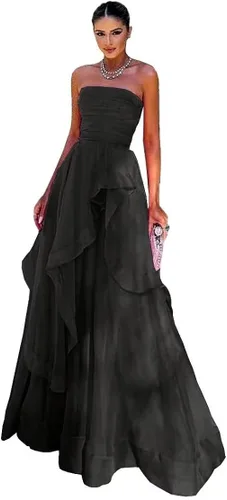 Vestidos de fiesta sin tirantes largos con cordones en la espalda vestido de tul mujeres formal A-Line tubo volante DR0181