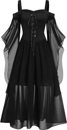 Vestido gótico renacentista para mujer, disfraz de Halloween, hombros descubiertos, encaje, manga trompeta, vestido medieval steampunk