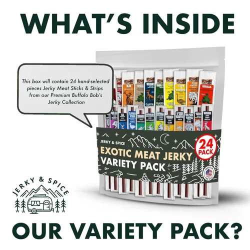 Miniatura 7 de Buffalo Bob's Wild Game Meat Snacks - Bocadillos de carne (24 unidades) Paquete surtido de cecina de res con tiras y palitos sabrosos Paquete