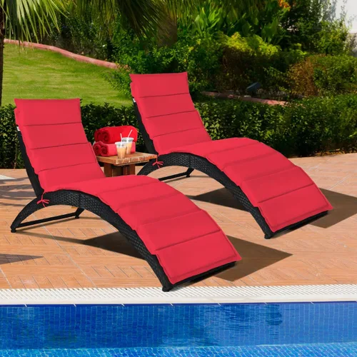 Miniatura 3 de COSTWAY 2 sillas plegables de ratán para exteriores, tumbona de mimbre para patio con cojín suave, soporte ergonómico, sillas portátiles de piscina